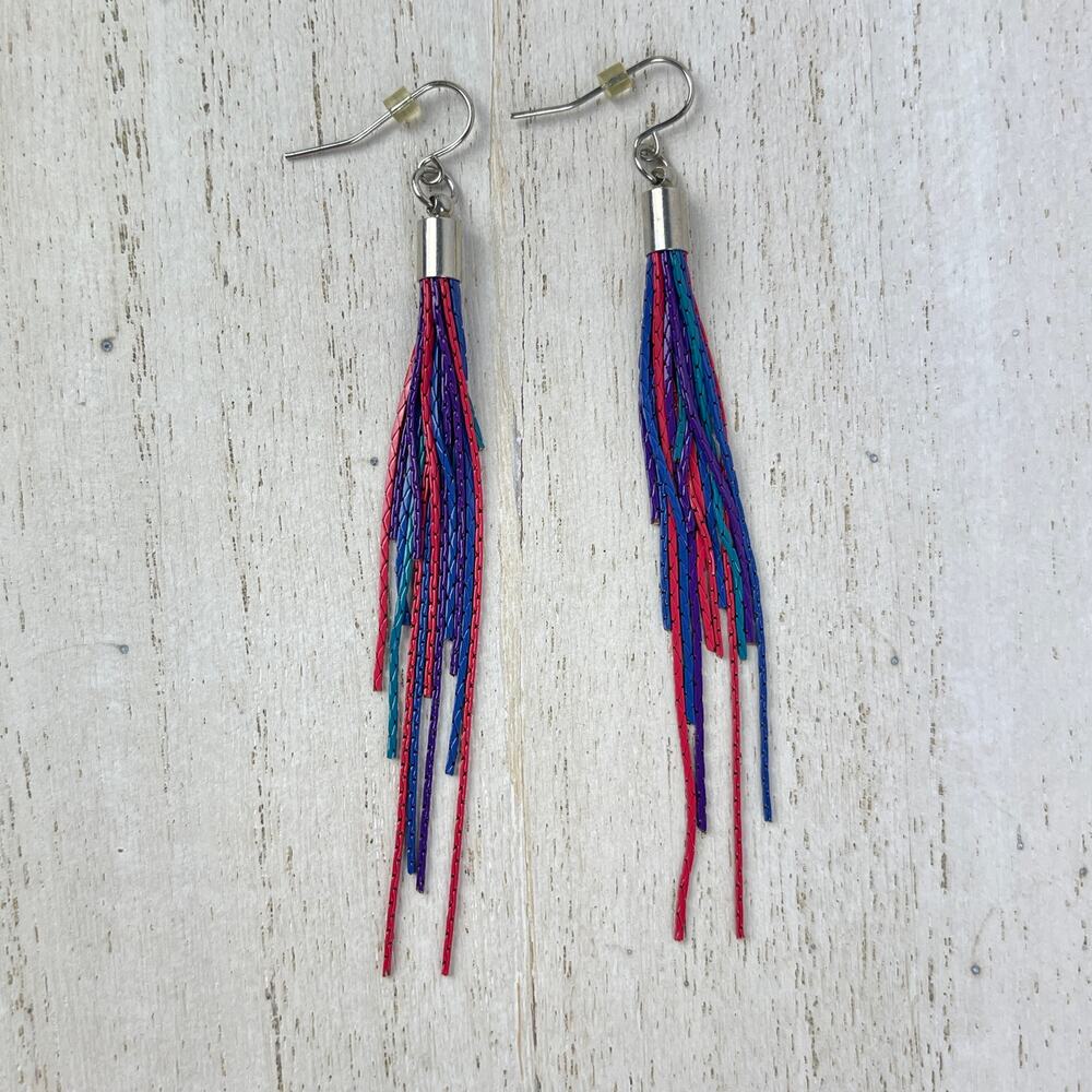 Colorful Chain Link Fringe Earrings Purple Teal Pink Red Blue Festival Boho NWOT